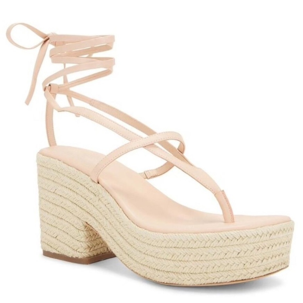 LPA Size 9 Ceci Peach Leather Lace-up Thong Strap Jute Espadrille Platform Heel